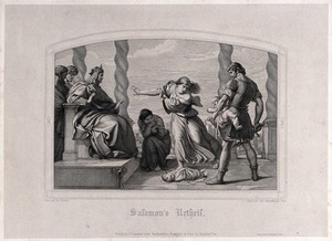 view Solomon judges the case of the two harlots and their babies. Line engraving by J. Eisenhardt, 1847, after E. von Steinle.