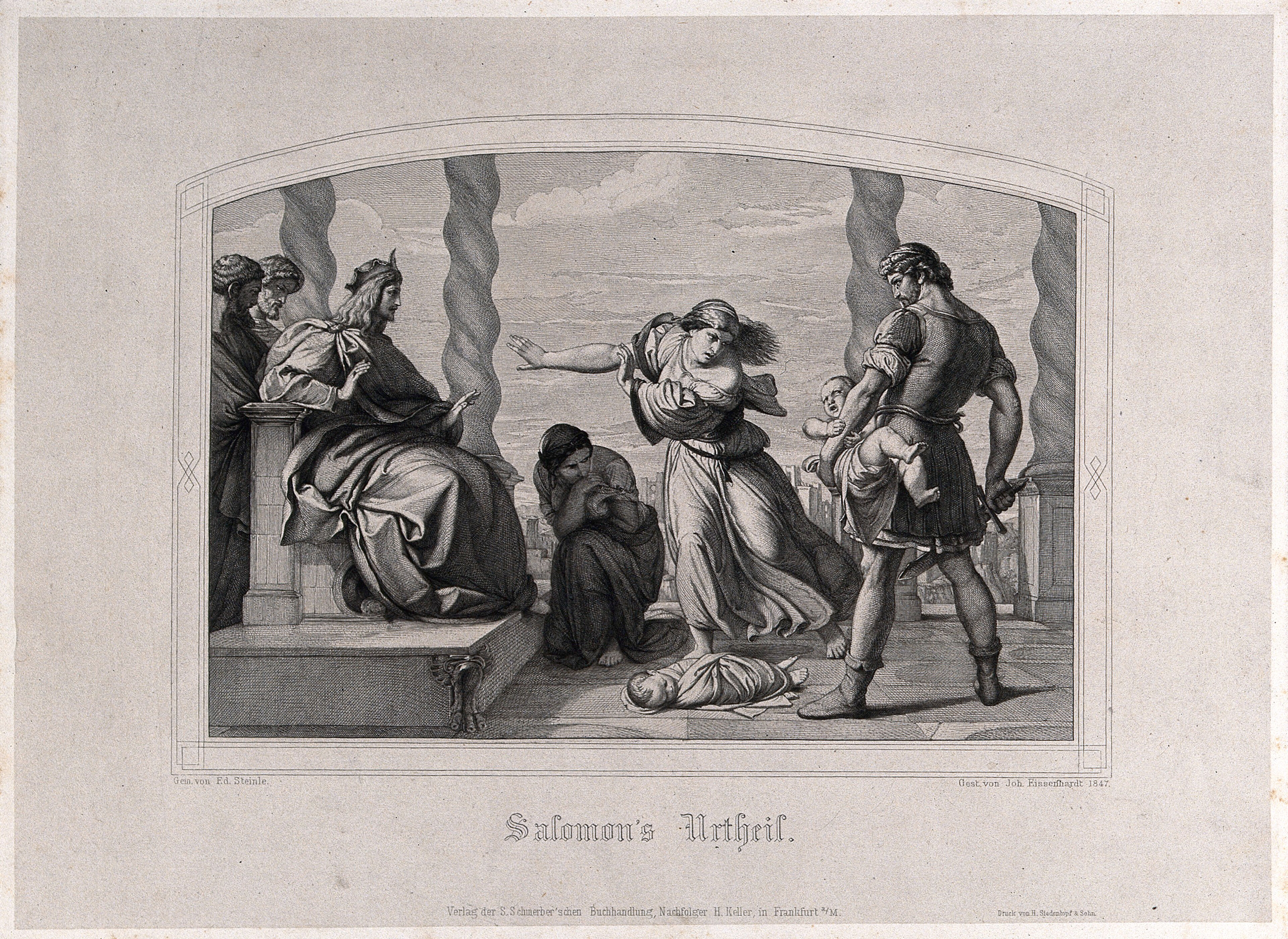 Solomon judges the case of the two harlots and their babies. Line engraving by J. Eisenhardt, 1847, after E. von Steinle.