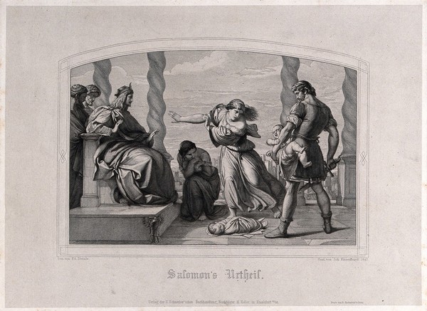 Solomon judges the case of the two harlots and their babies. Line engraving by J. Eisenhardt, 1847, after E. von Steinle.