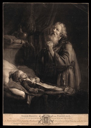 view Elijah prays to raise the widow's son. Mezzotint by R. Earlom, 1768, after Rembrandt.