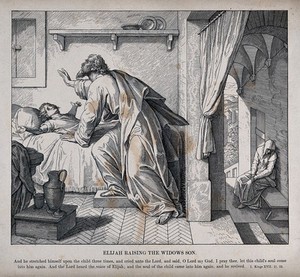 view The widow's son ecstatically returns to life in response to Elijah's prayer. Wood engraving.