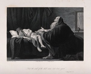 view The widow's son, empty-eyed, returns to life at the prayer of Elijah. Engraving by W. Holl after B. West.