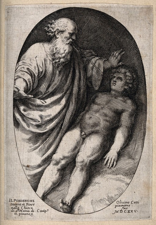 Elijah prays for life to be restored to the widow's son. Line engraving by O. Catti, 1645, after Il Pordenone.