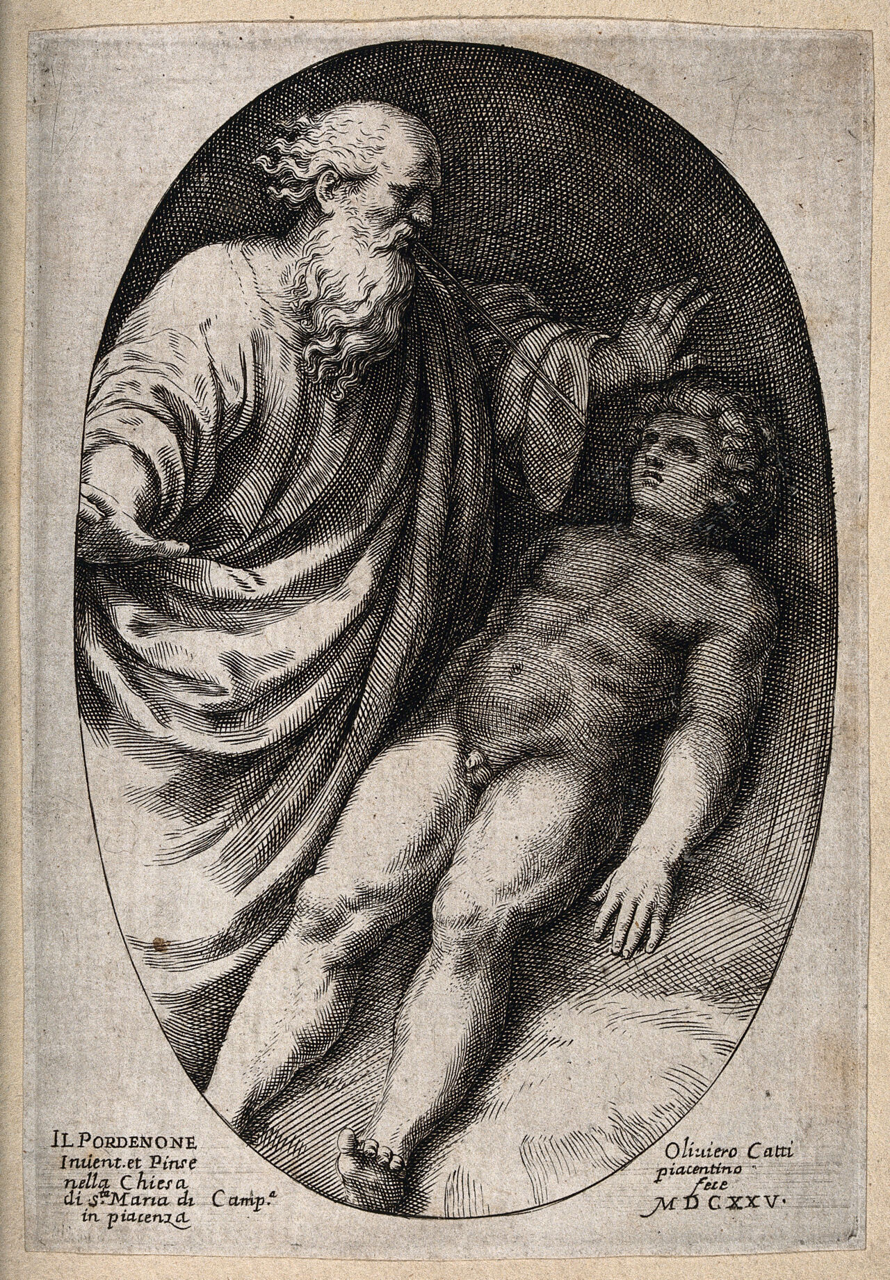 Elijah prays for life to be restored to the widow's son. Line engraving by O. Gatti, 1625, after Il Pordenone., 1625, by Il Pordenone