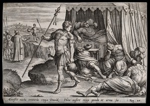 view David steals a spear and jug from Saul, who lies deep in a sleep imposed by God. Engraving.