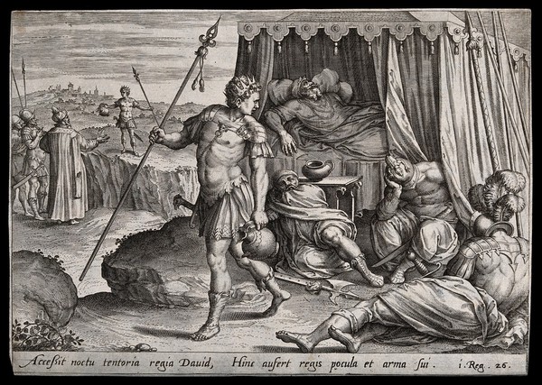 David steals a spear and jug from Saul, who lies deep in a sleep imposed by God. Engraving.