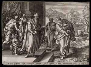 view Elijah is led to his confrontation with King Ahab. Engraving, c. seventeenth century.