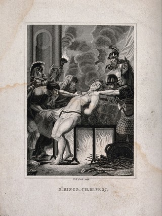 The sacrifice of the son of King Moab. Engraving by H.R. Cook after P.P. Rubens.