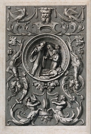 view The child Samuel is laid down to sleep and the hushed priests await his prophecies; the elaborate surrounding panel is decorated with florid demons. Engraving.