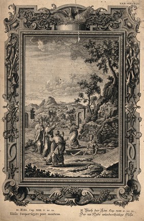 Elisha's skeleton exerts a magical power when a dead soldier who has fallen into his grave is brought back to life. Etching by M. Tyroff, c. 1735.