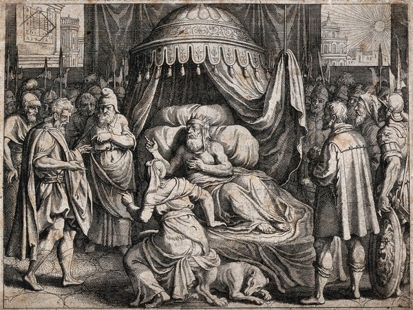 Hezekiah lies ailing in bed, surrounded by anxious soldiers and ministers. Engraving.