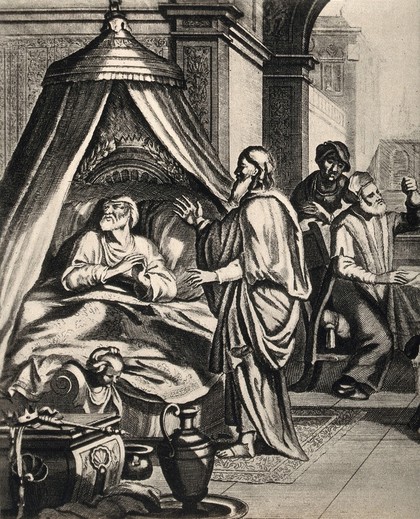 Hezekiah lies sick in his bed; a doctor examines his urine. Process print, 1931, after J. Lamsveld, c. 1700.