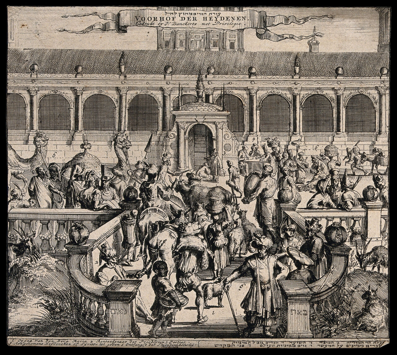 The bustling courtyard of the temple of Solomon. Etching by J. Danckerts., by Johan Danckerts
