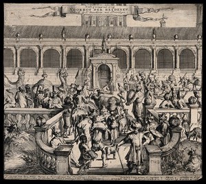 view The bustling courtyard of the temple of Solomon. Etching by J. Danckerts.