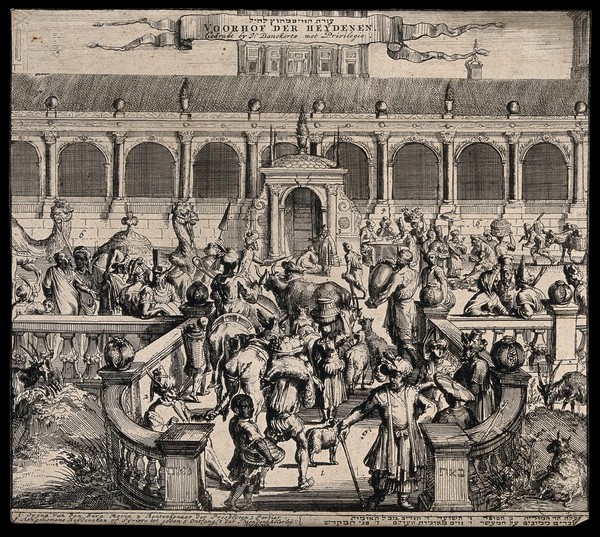 The bustling courtyard of the temple of Solomon. Etching by J. Danckerts.