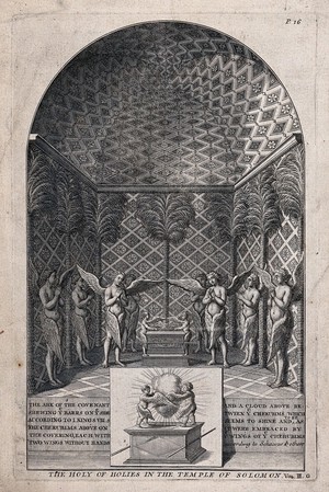 view The ark of the covenant guarded by angels in the Temple of Solomon. Engraving.