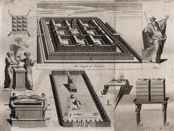 The Temple of Solomon, its grounds and some of its interiors. Engraving.