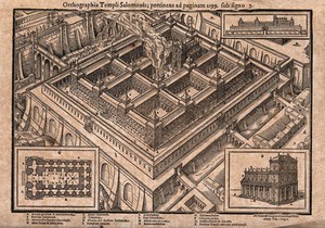 view The Temple of Solomon: aerial view, with flames billowing from the sacrificial altar. Wood engraving.