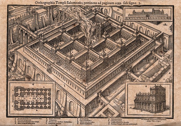 The Temple of Solomon: aerial view, with flames billowing from the sacrificial altar. Wood engraving.