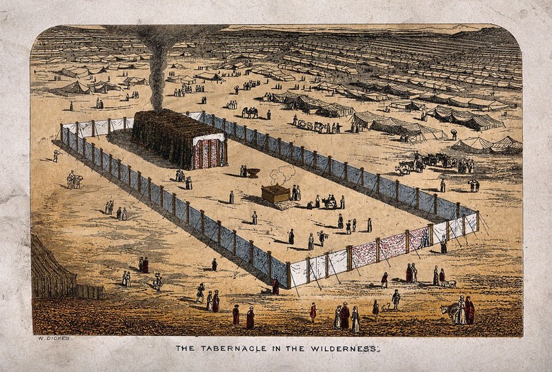 The tabernacle erected in the wilderness, surrounded by an enclosure and miles of tents. Coloured etching by W. Dickes., by William Dickes