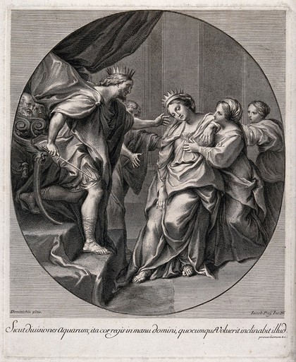 Esther faints before the fierceness of Ahasuerus. Engraving by J. Frey after D. Zampieri, il Domenichino, ca. 1628.