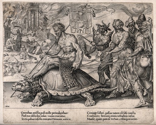 Job rides the leviathan in front of a grotesque procession of demons and tormentors. Engraving by M.