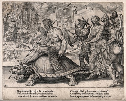 Job rides on a turtle in front of his wife, his comforters and the devil. Engraving by D.V. Coornhert after M. van Heemskerck, 1559.