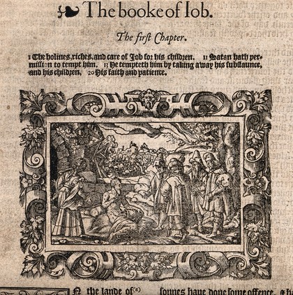 Job afflicted with boils, with his wife and comforters. Woodcut after Virgil Solis, 1568.