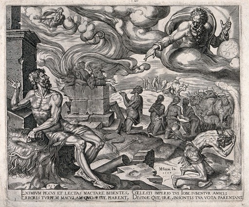 The torments of Job under a swirling sky dominated by God. Engraving by M. van Heemskerck, 1563.