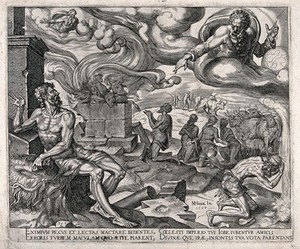 view The torments of Job under a swirling sky dominated by God. Engraving by M. van Heemskerck, 1563.