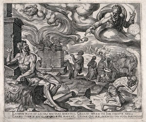 The torments of Job under a swirling sky dominated by God. Engraving by M. van Heemskerck, 1563.