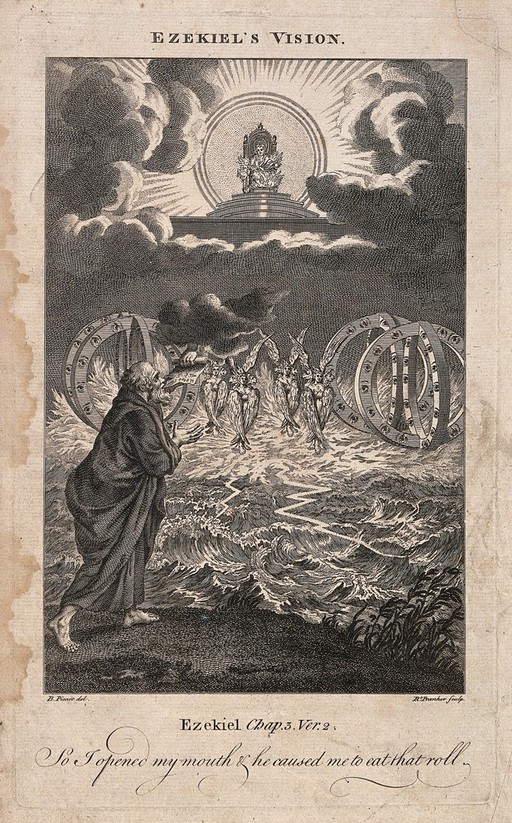 Ezekiel has a phantasmagorical vision of angels and spheres with eyes coasting along the thunderstruck sea. Etching by R. Pranker after B. Picart.