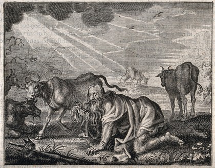 Nebuchadnezzar, gone mad, grovels like a beast of the earth; he gropes for his crown. Engraving, 16--.