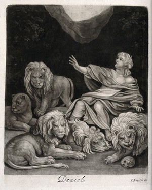 view Daniel trapped with lions. Mezzotint by J. Smith.