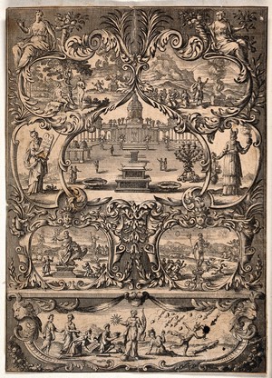 view Episodes in the Pentateuch involving sacrifice, worship and idol-worshipping. Engraving.