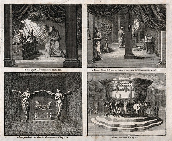 Judaic rituals and ritual artifacts from the Old Testament. Engraving.