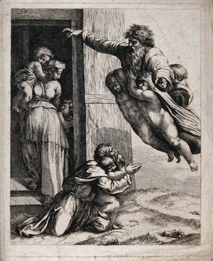 view God appears to Noah and his family; three cherubs hold him aloft. Etching after Raphael.