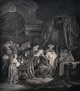 An infant dies, surrounded by mourners. Engraving.