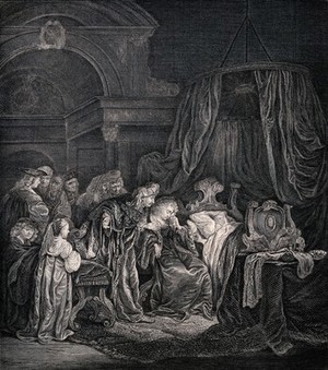 view An infant dies, surrounded by mourners. Engraving.