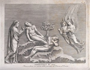 view God lifts Eve from sleeping Adam's side. Etching by G.B. Leonetti after C. Cencioni after Nicola Pisano.