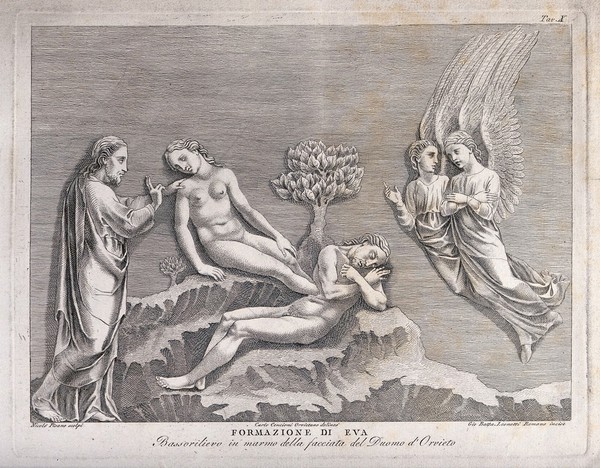 God lifts Eve from sleeping Adam's side. Etching by G.B. Leonetti after C. Cencioni after Nicola Pisano.