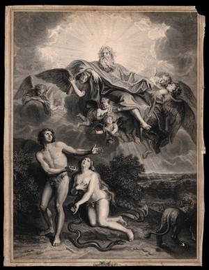 view God looks on unimpressed as Adam blames Eve for the transgression. Engraving by P.I. Drevet, c. 1720, after N. Coypel.