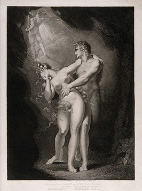 The gates of Eden open to expel Adam and Eve, who stand caught in a terrified embrace. Aquatint by M. Haughton, 1805 after J.H. Füssli (Fuseli).