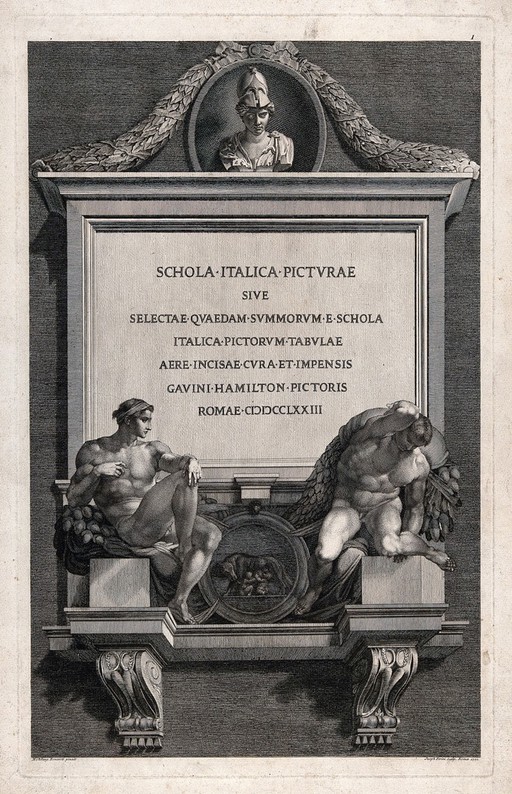 An inscription carved on stone with marble statues by Michelangelo below, including Romulus and Remus. Engraving by J. Perini, 1771, after Michelangelo.