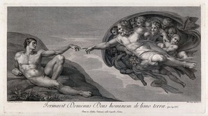 view The creation of Adam. Engraving by D. Cunego, 1772, after Michelangelo.