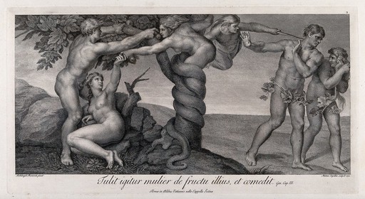 Eve receives the forbidden fruit from a serpent in the shape of a woman; the angel expels Adam and Eve from paradise. Engraving by A. Capellani, 1772, after Michelangelo.