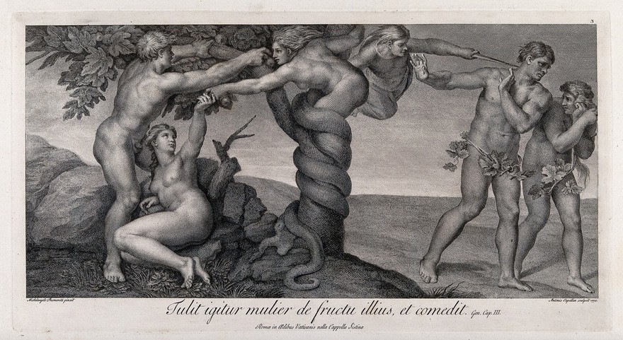 Eve receives the forbidden fruit from a serpent in the shape of a woman; the angel expels Adam and Eve from paradise. Engraving by A. Capellan, 1772, after Michelangelo.