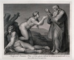 view At the bidding of God, Eve ascends praying from Adam's side. Engraving by A. Capellan, 1772, after Michelangelo.