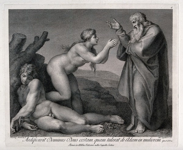 At the bidding of God, Eve ascends praying from Adam's side. Engraving by A. Capellan, 1772, after Michelangelo.