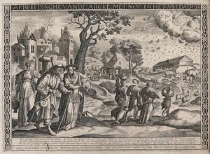 view People and animals entering Noah's ark, transposed into a 16th century Dutch landscape. Engraving by A.J. Landerseel.